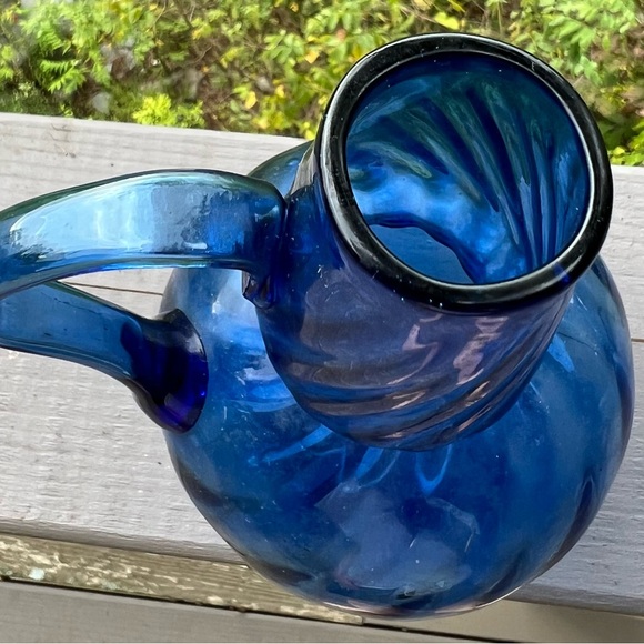 set of 2 vintage blue vases, blown glass swirl and stoneware - Picture 11 of 15